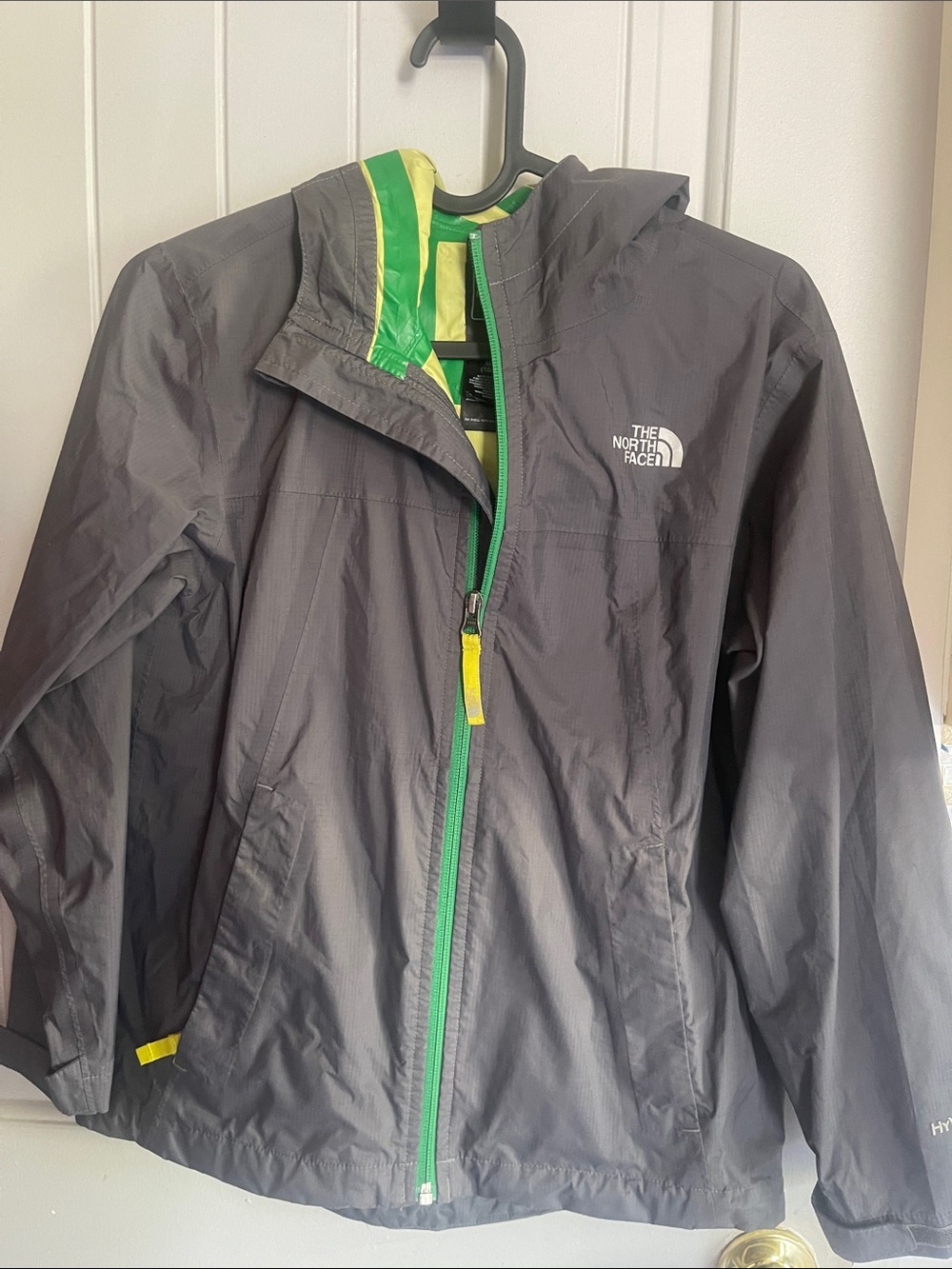 The North Face Kids Gray Raincoat with Green & Yellow Trim